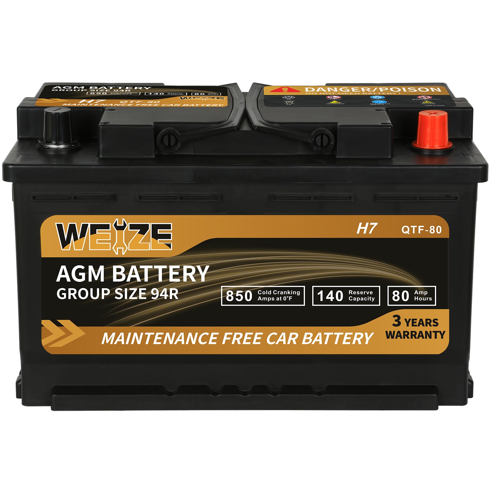 WEIZE Wise Series 94R AGM Car Battery BIC 12V 80Ah H7 Automotive Replacement Battery