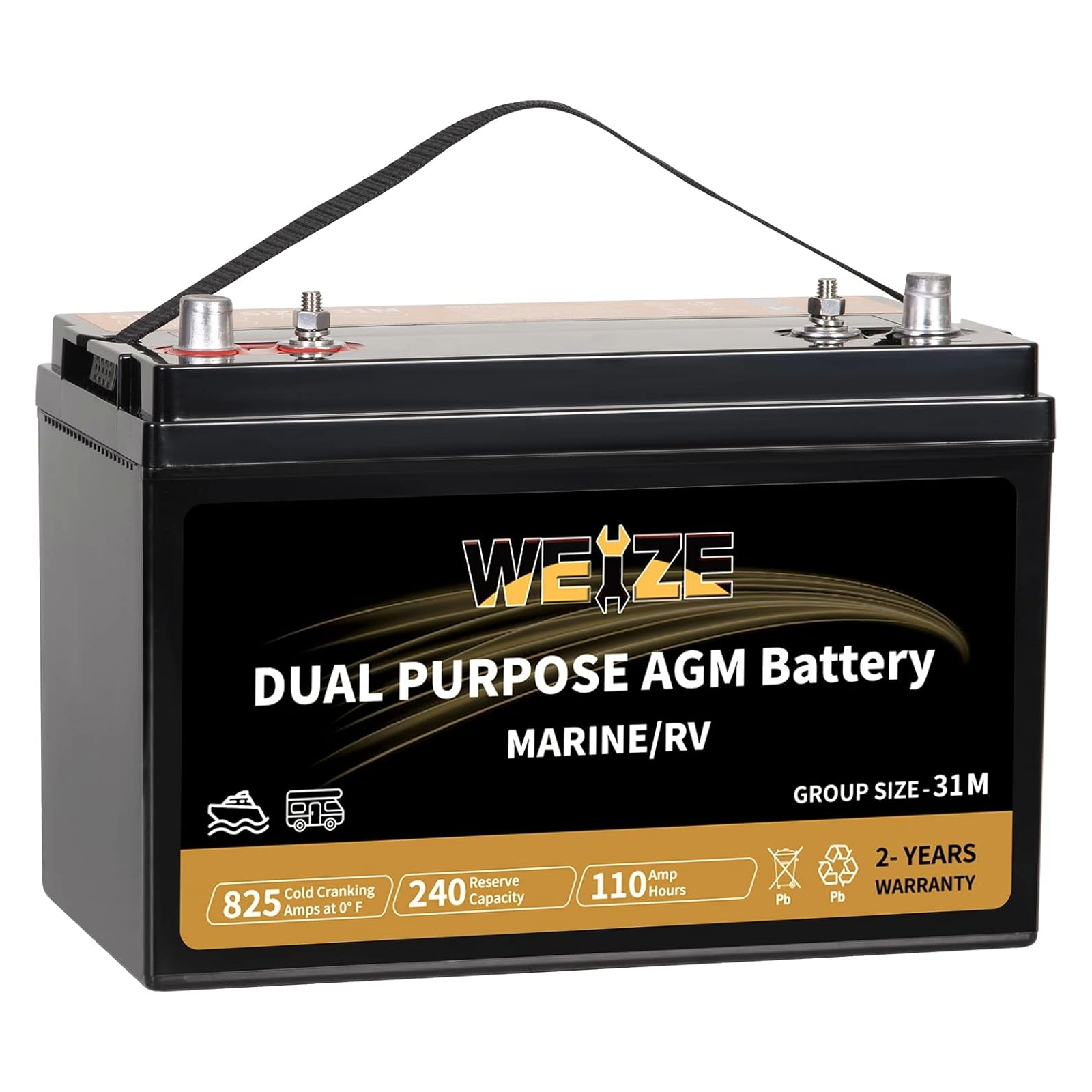WEIZE BCI Group 31M Dual Purpose AGM Battery, 240RC 825CCA 12V 110AH Starter & Deep Cycle Sealed Marine & RV Battery