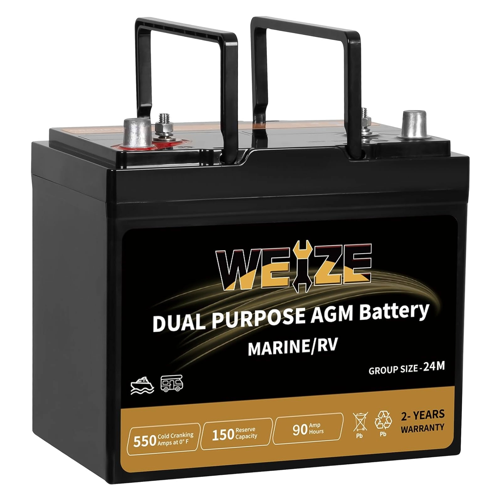 WEIZE Dual Purpose AGM Battery BCI Group 24M, Starter & Deep Cycle 150RC 550CCA 12V 90AH Sealed Marine & RV Battery